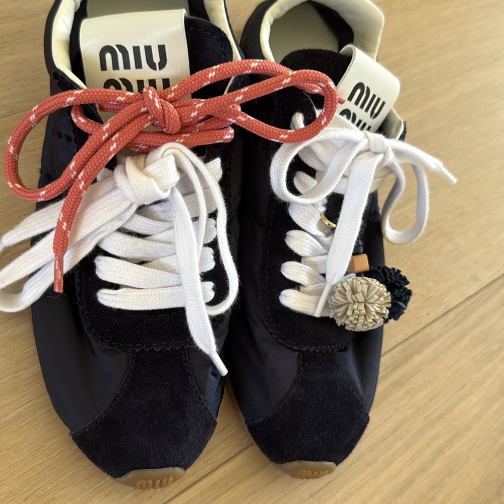 Miu Miu Plume Technical fabric and Suede Navy Sneakers 37 with charms and laces - Picture 2 of 7